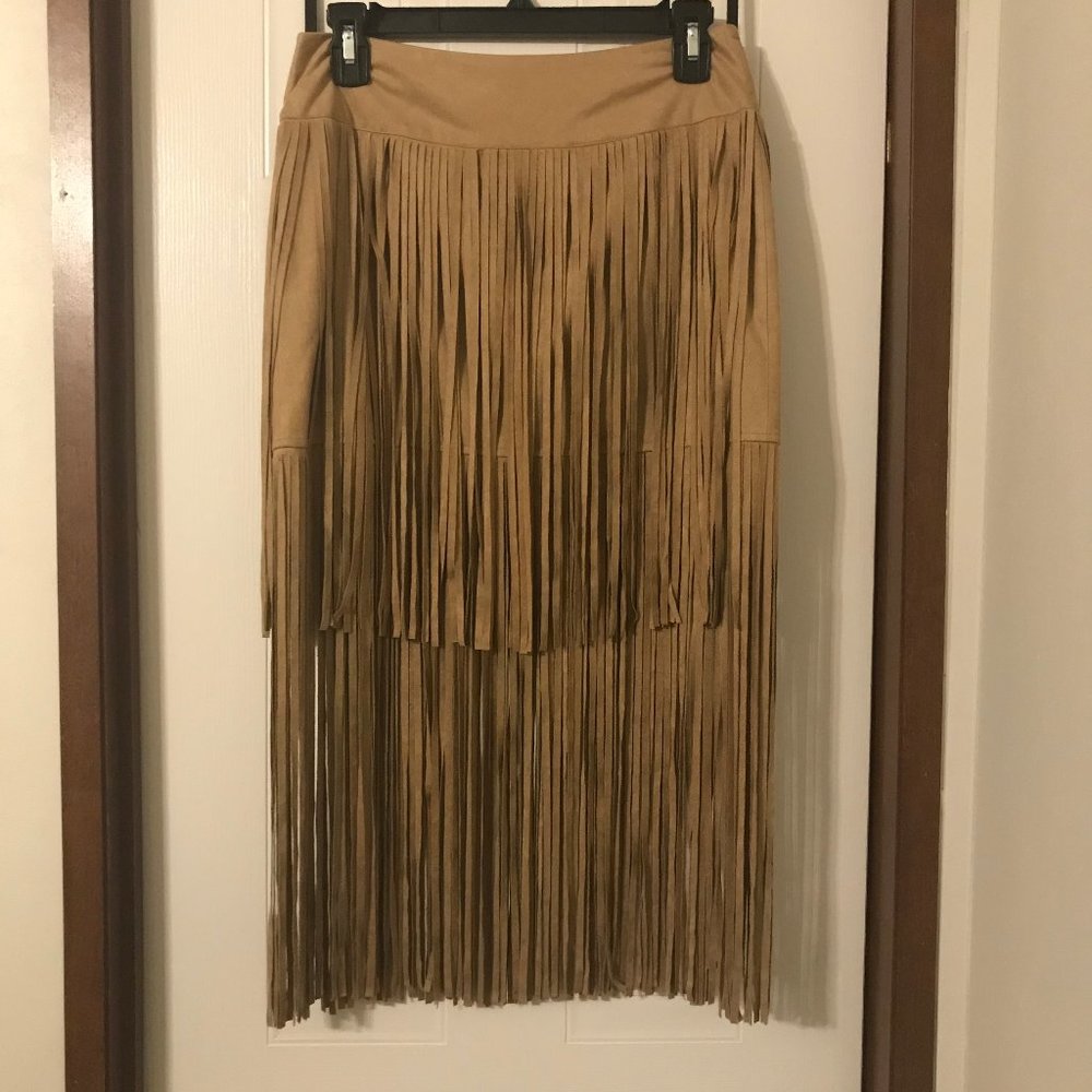 50% OFF fab'rik Tan Suede Fringe 2 Layer Skirt
